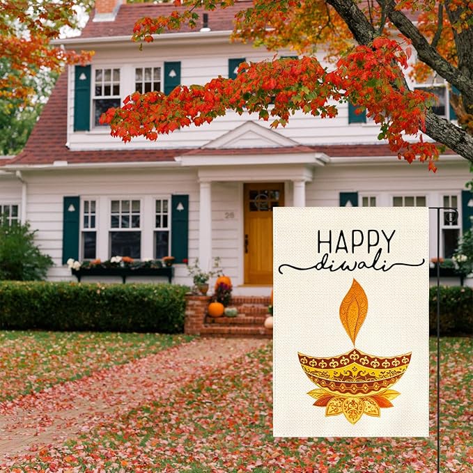 AVOIN colorlife Happy Diwali Garden Flag Vertical Double Sided, Oil Lamp Lotus Yard Outdoor Decoration 12 x 18 Inch