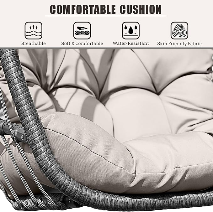 HWB Hanging Egg Chair with Stand, Patio Wicker Hammock Egg Swing Chair with Cushion for Bedroom Garden Indoor Outdoor (Beige)