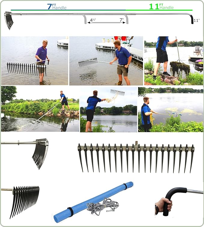 Rake Zilla | Extra-Large Heavy-Duty Lake and Pond Aquatic Weed Rake – 40" Wide Head with 9" Tines | Includes Detachable Float Kit & 25 ft Rope for Scooping, Skimming, and Easy Cleanup in Lakes & Ponds