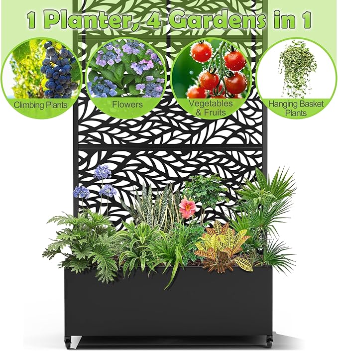 15.7"×70.9"×35.4" Metal Raised Garden Bed with Trellis and Wheels - Tall Trellis Planter Box for Climbing Plants, Vegetables & Vines - Outdoor Privacy Planters for Patio (Black-Spring)