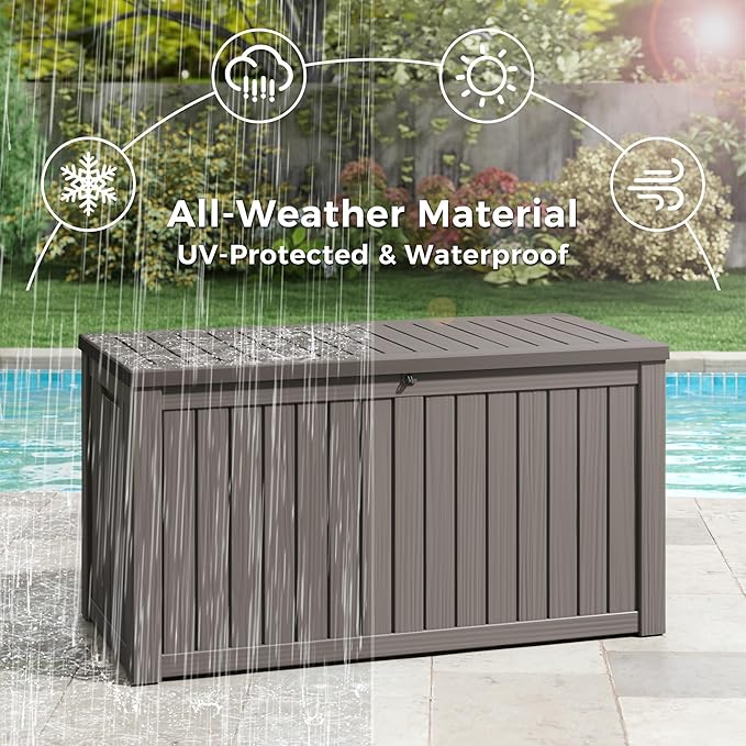 NUNU LAB 151 Gallon Outdoor Storage Box,Resin Large Sturdy Deck Box, Backyard Outside Storage Box Waterproof with Double Wall Panels,Package Delivery Garden Outdoor Hose Storage Bin,Grey