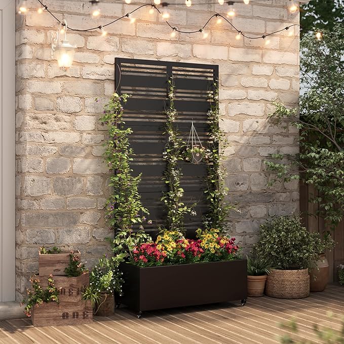 Metal Raised Garden Bed with Trellis & Wheels,70" x 35"x 15.7" Planter Box with Trellis,Privacy Planters for Patio,Garden Bed for Climbing Plants,Suitable for Climbing Plants and Vegetables,Black