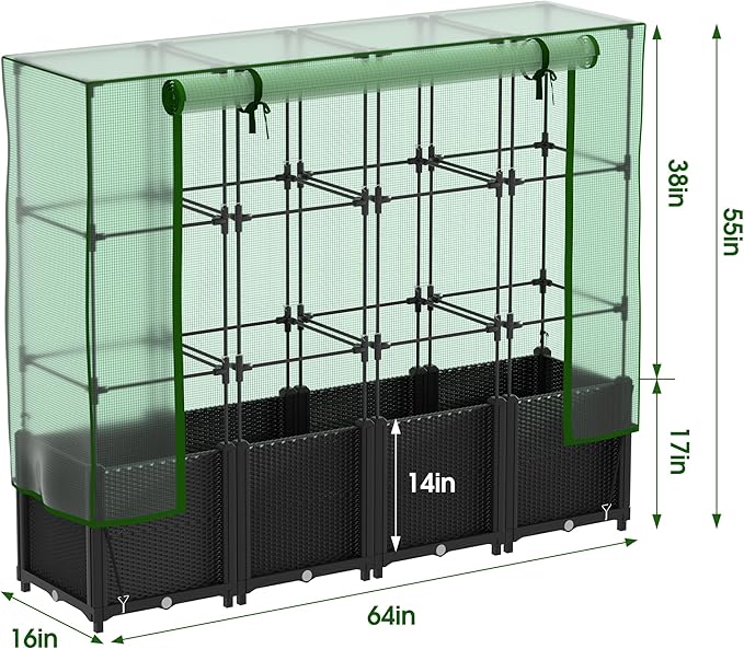 Onelike 64'' x 16'' x 55.5'' Plastic Raised Garden Bed with Greenhouse Cover and Trellis, Vertical Tomato Planters for Climbing Plants, Self Watering System Tomatoes Cage for Patio,Black,Large