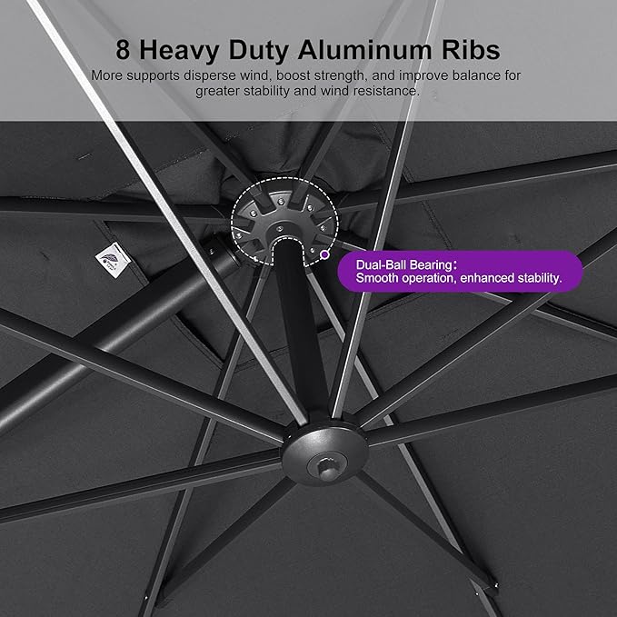 PURPLE LEAF 10 FT Outdoor Umbrella with Base Patio Cantilever Aluminum Umbrella with 3 Years Fade Resistance Recycled Fabric Offset Square with 360-degree Rotation for Deck Pool Garden, Graphite Grey