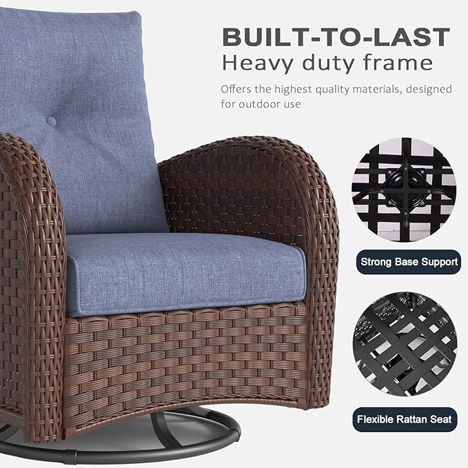 LayinSun 7 Pieces Outdoor Patio Furniture Set with Fire Pit Table, Rattan Wicker Sectional Swivel Rocker Chairs Sets