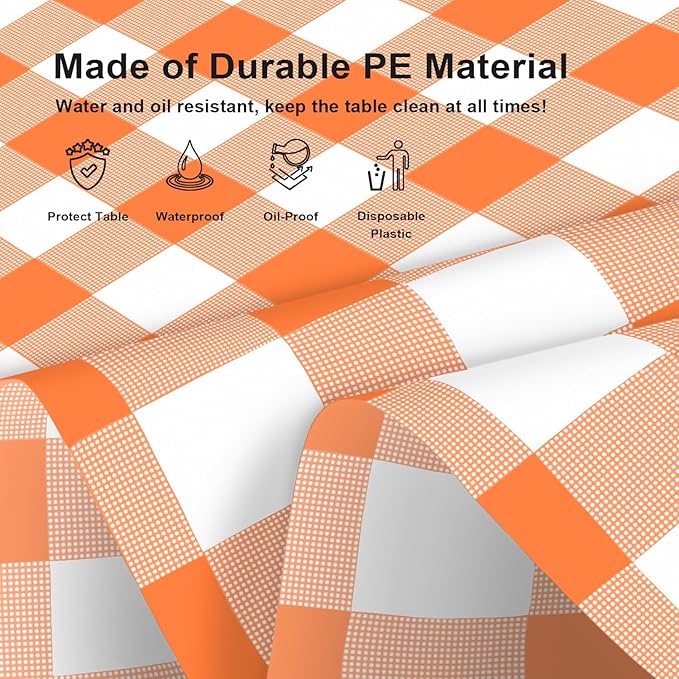3 Pack Orange and White Checkered Tablecloth, Plastic Table Cloths for Parties Disposable, 54x108 in Waterproof Rectangular Gingham Camping Tablecloth for Birthday, Party, Baby Shower