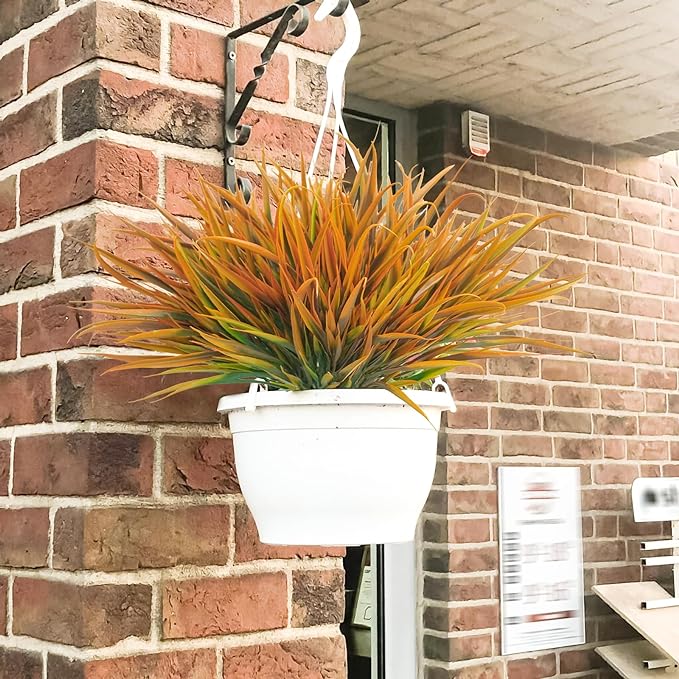Uieke 28 Bundles Artificial Outdoor Plants UV Resistant Fake Grass Plants Faux Plastic Plants Greenery Shrubs for Home Garden Pathway Window Box Front Porch Cemetery Fall Decor, Autumn Orange