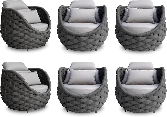 6 Pcs Woven Rope Outdoor Chair: Aluminum Patio Accent Chair with Arms - Assembled Cushioned Lounge Chair For 400lbs - Morden Porch Furniture Seating for Deck Balcony Garden Backyard Hotel Resort
