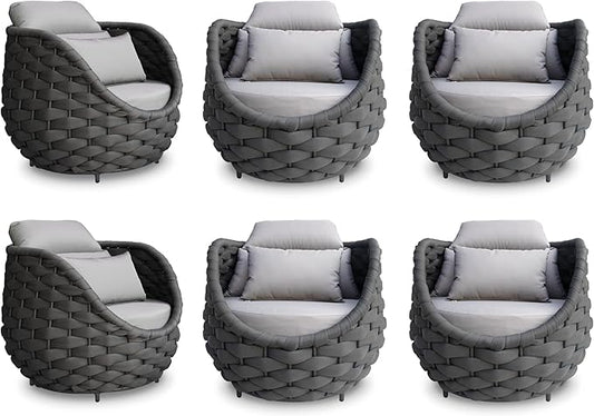 6 Pcs Woven Rope Outdoor Chair: Aluminum Patio Accent Chair with Arms - Assembled Cushioned Lounge Chair For 400lbs - Morden Porch Furniture Seating for Deck Balcony Garden Backyard Hotel Resort