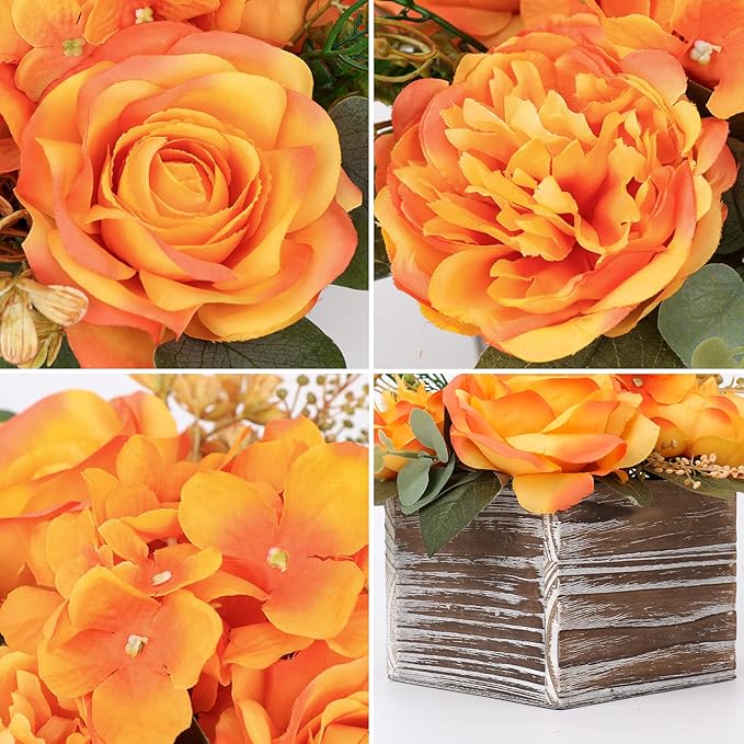 DILATATA Artificial Flower Arrangement, 8'' Orange Roses Peonies Hydrangeas in Wooden Planter, Rustic Fake Flowers in Pot for Home Decor Living Room - 1PC