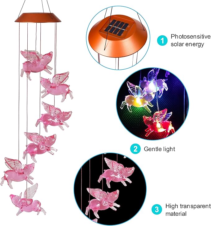 LED Solar Fly Pigs Wind Chimes Outdoor - Waterproof Solar Powered LED Changing Light Color 6 Flying Pigs Mobile Romantic Wind-Bell for Home, Party, Festival Decor, Night Garden Decoration