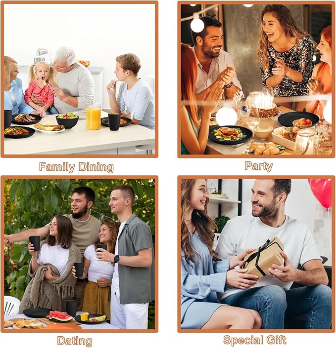 Wheat Straw Dinnerware Sets, Unbreakable Plates and Bowls Sets 20-Piece Service for 4，Plastic Outdoor Camping Dishes, Microwave & Dishwasher Safe - Black