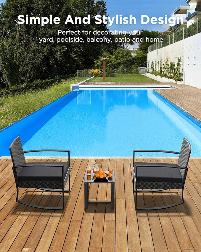 3 Pieces Patio Furniture Set Rocking Bistro Set, Outdoor Patio Furniture Set with Coffee Table for Garden Balcony Backyard Poolside (Black Cushion)