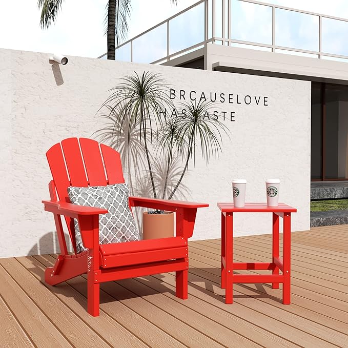 WO Home Furniture Adirondack Chair Table Set of 2 PCS Outdoor Folding Chair w Side Table Weather/UV Resistant for Lawn, Garden, Bon Fire, Balcony (Red)