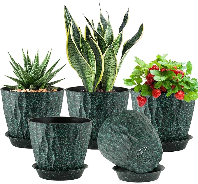 7 inch Plant Pots for Indoor Outdoor Plants, 5 Pack Thick Flower Pots with Drainage Holes and Saucers, 3D Modern Wave Texture Plastic Planter Nursery Pots, Black with Green Speckles