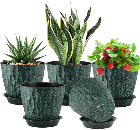 7 inch Plant Pots for Indoor Outdoor Plants, 5 Pack Thick Flower Pots with Drainage Holes and Saucers, 3D Modern Wave Texture Plastic Planter Nursery Pots, Black with Green Speckles