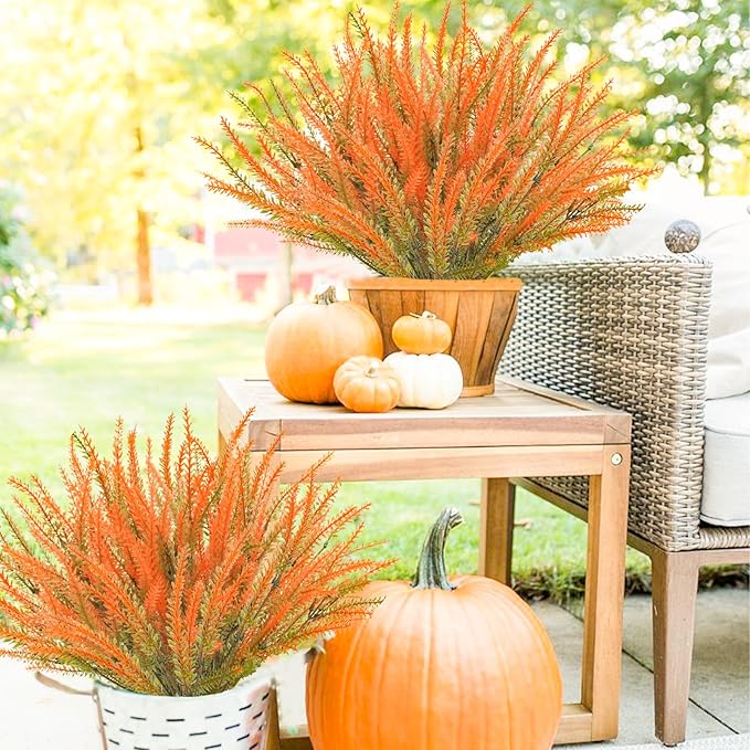 36 Pcs Artificial Fall Flowers Outdoor, UV Resistant Fake Lavender Flowers Faux Plastic Fall Plants Shrubs Bushes for Indoor Outside Planters Porch Window Box Patio Home Decor（Orange）