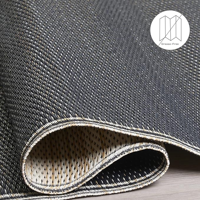 Fab Habitat Striped Neutral Outdoor Rug - Waterproof, Fade Resistant, Crease-Free, Reversible - Premium Recycled Plastic - Patio Porch Balcony Deck - Cancun Shadow SandBlack - 8x10 ft