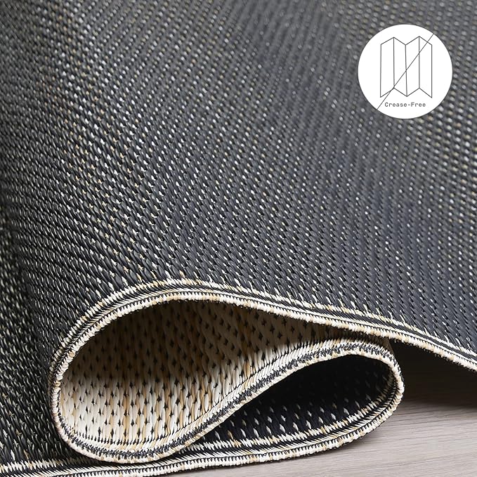 Fab Habitat Outdoor Rug - Waterproof, Fade Resistant, Crease-Free - Premium Recycled Plastic - Neutral Striped - Patio, Deck, Porch, Balcony, Laundry Room - Cancun Shadow - Sand & Black - 4 x 6 ft