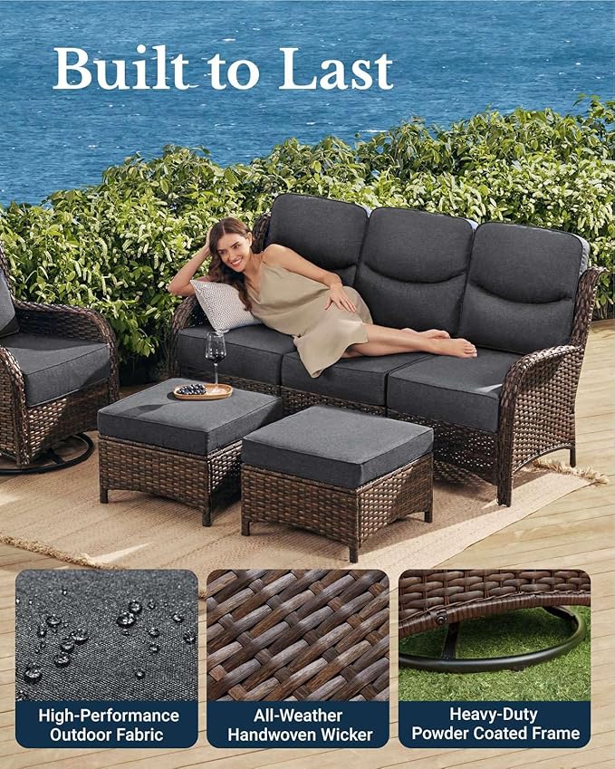 HILLGA Luxury Patio Furniture Set with 6-inch Thick Cushion, Outdoor Couch, Loveseat and High Back Swivel Rocker Patio Chairs, 7PCS Wicker Conversation Set for Deck Yard and Poolside, Dark Grey (V2)