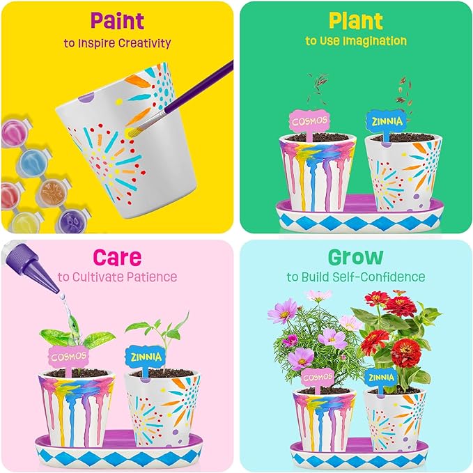 4 Set Paint & Plant Flower Gardening Kit - Gifts for Girls Ages 8-12, Arts and Crafts for Kids Ages 8-12, Kids Gardening Set, Toys Birthday for Girls Boys Ages 6 7 8 9 10 11 12