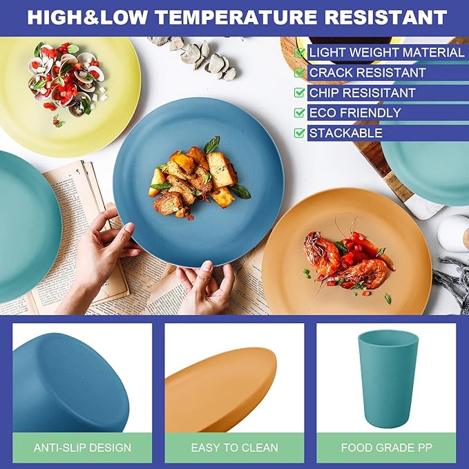 24pcs Wheat Straw Dinnerware Sets, Wheat Straw Plates and Bowls Sets for 4 Microwave Dishwasher Safe Lightweight （Four Colors）