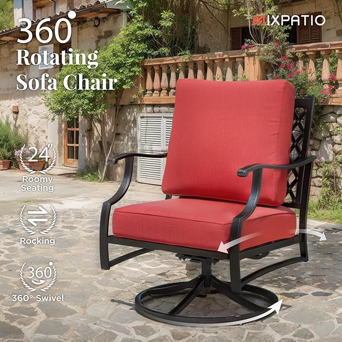 Patio Furniture Set 6 pcs, Outdoor Patio Furniture, 1 X 3-Seat Sofa, 2 X Single Chairs, 2 X Swivel Chairs, 1 X Coffee Table and 5.75" Extra Thick Cushion, Patio Conversation Set,Red