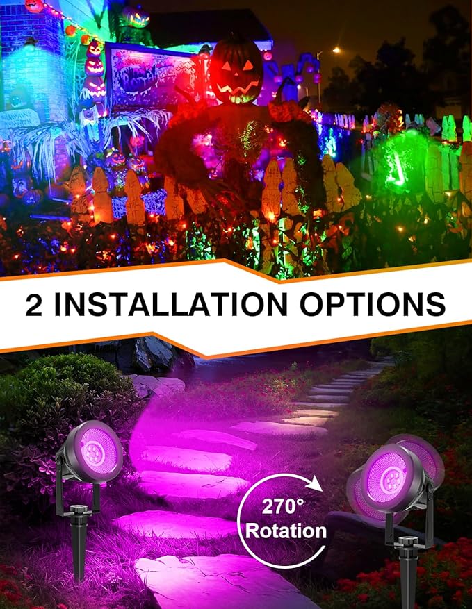 Halloween RGB Spot Lights Outdoor, Color Changing Landscape Lighting, Waterproof Spotlight with US Plug for Yard Tree Garden Path House Christmas Decoration (6 Pack)