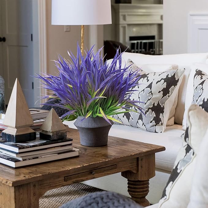 Outdoor Artificial Plants 8 Bundles Fake Plants Grass UV Resistant Fake Flowers Bush Greenery,17Inch Tall Faux Grass Shrubs for Home Porch Pathway Garden Décor Outside Indoor (Purple)