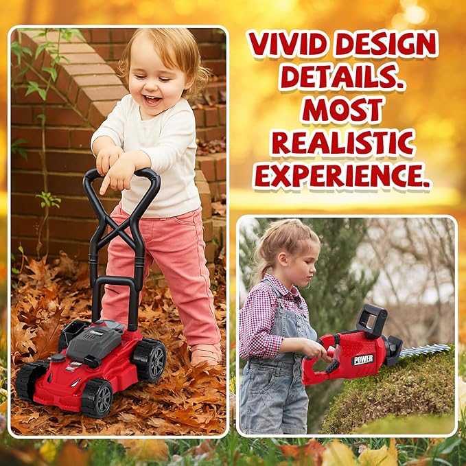 2 Pcs Toy Gardening Tool Set for Kids Toy Hedge Trimmer, Push Lawn Mower Battery Powered Gardening Tool Set with Lights and Sounds Gift for Boys Girls