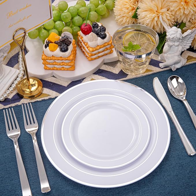 WELLIFE 600 Pcs Sliver Disposable Dinnerware for 100 Guests, Dinnerware Set of 100 Dinner Plates, 100 Salad Plates, 100 Spoons, 100 Forks, 100 Knives, 100 Cups