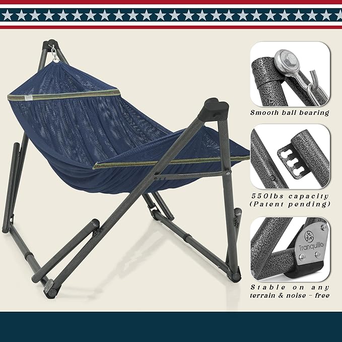 Tranquillo Uniki Adjustable Hammock with Stand Collapsible, Camping Hammock, 550 lbs Capacity Double Hammock Stand, Foldable Sturdy Noiseless Stand, for Active Life Carry Bag Included, Aegean