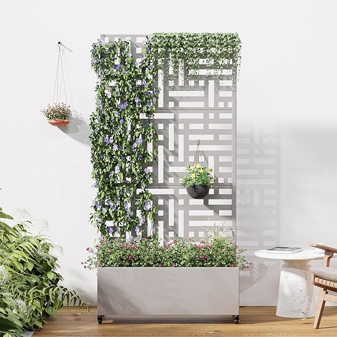 Casaphoria Metal Raised Garden Bed with Trellis and Wheels, 72"x35"x16" Planter Box for Climbing Plants, Vegetables & Vines, Features Drainage Holes and Privacy Screen (Grey-Helen)