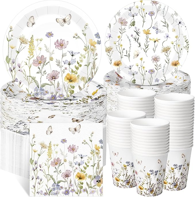 250 Pcs Wildflower Party Decorations Include Spring Summer Floral Paper Plates Napkins and Cups for Wildflower Baby Shower Tea Decorations, Serve 50 Guest(Light Color,Elegant Style)