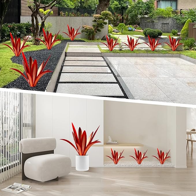 TOMBABY Enlarge Thickened Wind Resistant Metal Agave Garden Art Metal Plant Country Garden Sculpture Statue Outdoor Decoration Agave Metal Plant Courtyard Lawn Ornament Gift (2, 12 Leaves red)