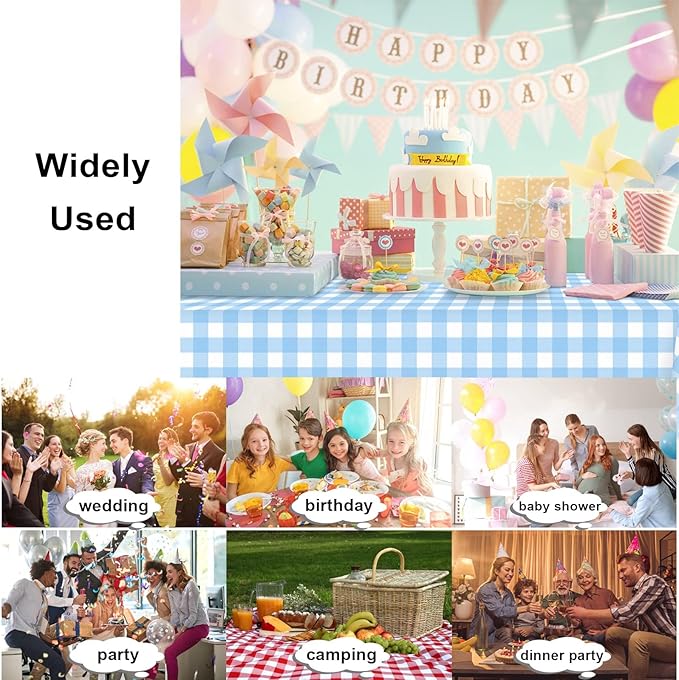 2 Pack Blue and White Checkered Tablecloth, Blue Plastic Table Cloths for Parties Disposable, 54 x 108 inch Waterproof Blue Gingham Camping Tablecloth for Birthday, Party, Picnic, School