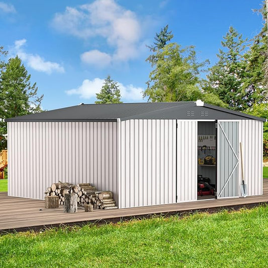 AECOJOY 14' x 12' Outdoor Storage Shed, Large 12x14 Metal Sheds & Outdoor Storage Clearance Steel Yard Shed with Lockable Doors, Utility Tool Storage Garden Shed for Backyard, Patio and Outside use