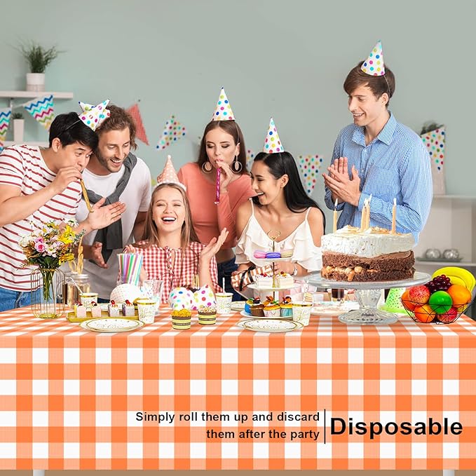 3 Pack Orange and White Checkered Tablecloth, Plastic Table Cloths for Parties Disposable, 54x108 in Waterproof Rectangular Gingham Camping Tablecloth for Birthday, Party, Baby Shower