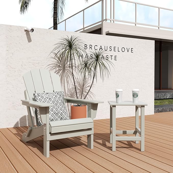 WO Home Furniture Adirondack Chair Table Set of 2 PCS Outdoor Folding Chair w Side Table Weather/UV Resistant for Lawn, Garden, Bon Fire, Balcony (Sand)