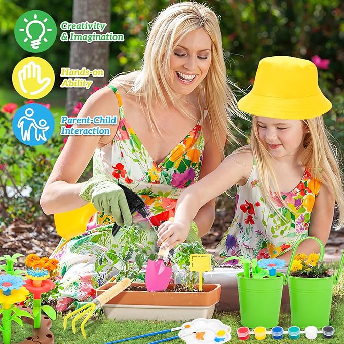 deAO Kids Gardening Set Arts and Crafts for Kids Paint Garden Tools DIY Flower Building Toys with Shovel, Trowel, Rake, Water Can,Gloves,Tote Bag,Apron,Painting Accessories,Outdoor Gift for Boys Girls