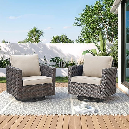 Wicker Swivel Rocker Patio Chairs-High Back Outdoor Swivel Chairs Set of 2 with Thickened Cushions Wide Armrest All Weather Patio Furniture Set for Deck Porch Balcony(Brown/Beige)