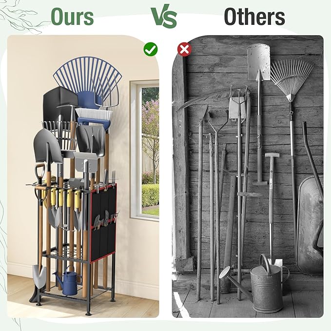 Garden Tool Organizer,Metal Yard Tool Organizer,Holds 50 Long-Handled Tools/Rakes/Brooms,Side Garden Pocket,Heavy Duty Steel Yard Tool Storage Rack for Garage,Shed, Outdoor