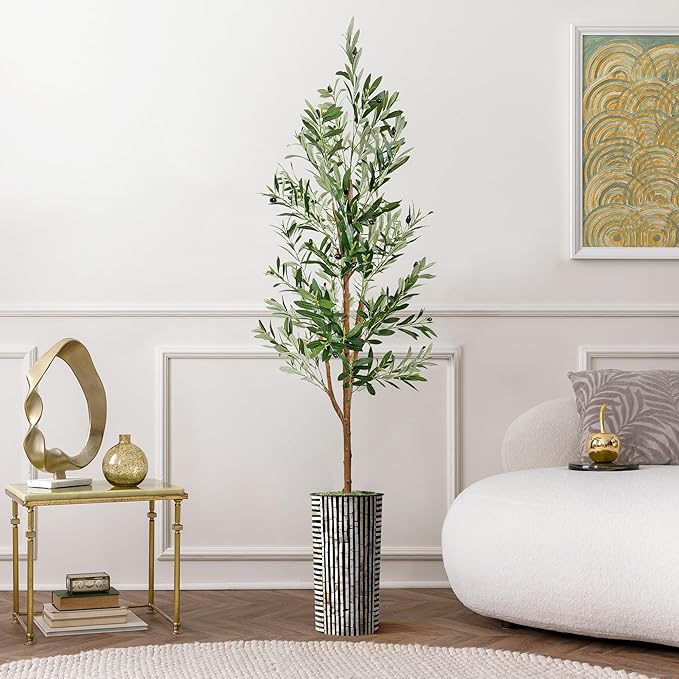 Artificial Tree in Black and Brown Striped Planter, Fake Olive Silk Tree for Indoor and Outdoor Home Decoration - 68" Overall Tall (Plant Pot Plus Tree)