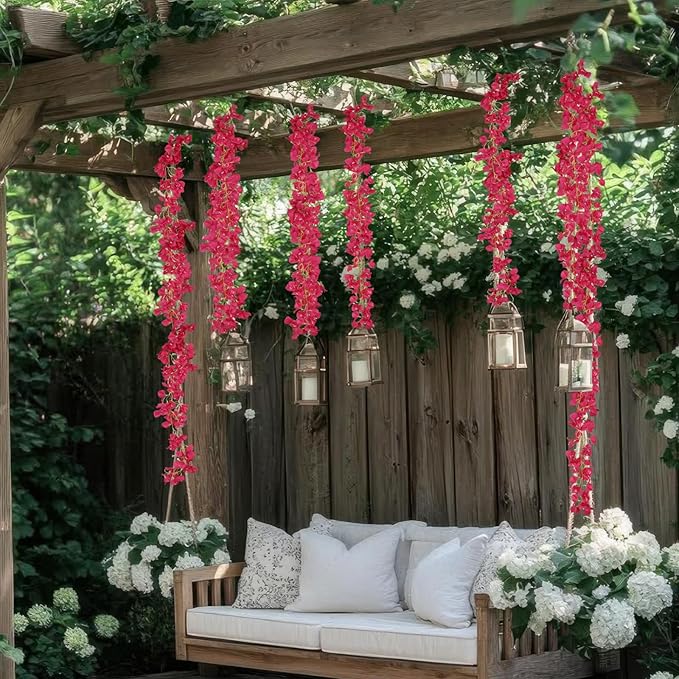 2 Pcs Artificial Bougainvillea Flowers Garland Fake Silk Bougainvilleas Vines Trailing Rose Red Faux Hanging Flowers Plants Bougainvillea Artificial for Porch Wedding Arch Spring Summer Decor