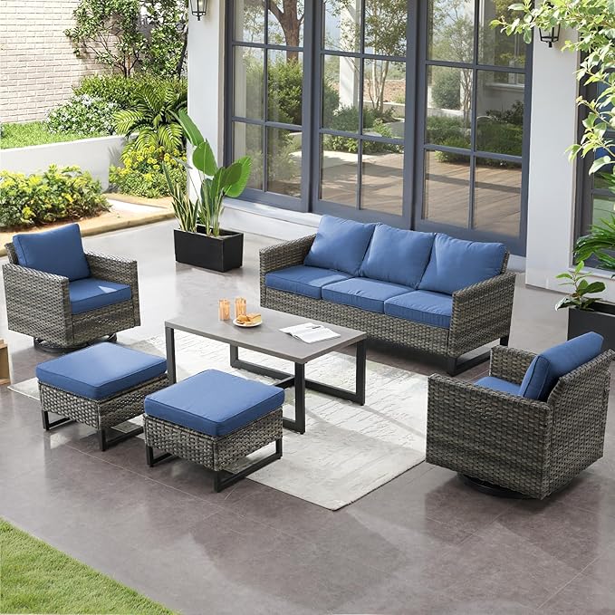6 Pieces Patio Furniture Set-All Weather Outdoor Swivel Rocker Patio Chairs with 3-Seat Section Couch and Rattan Coffee Table Outdoor Conversation Sets for Garden Backyard Deck(Grey/Blue)