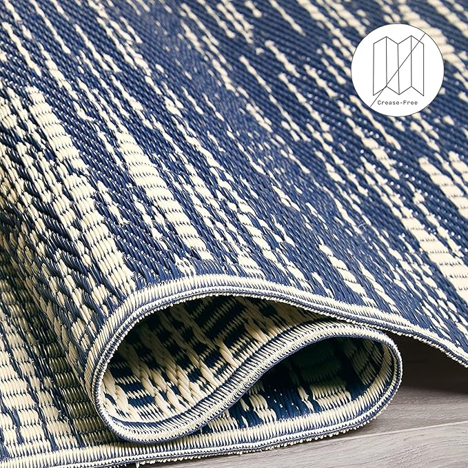 Fab Habitat Outdoor Rug - Waterproof, Fade Resistant, Crease-Free - Premium Recycled Plastic - Distressed Abstract Stripes - Patio, Deck, Porch, Balcony, Laundry Room - Brooklyn - Blue - 4 x 6 ft