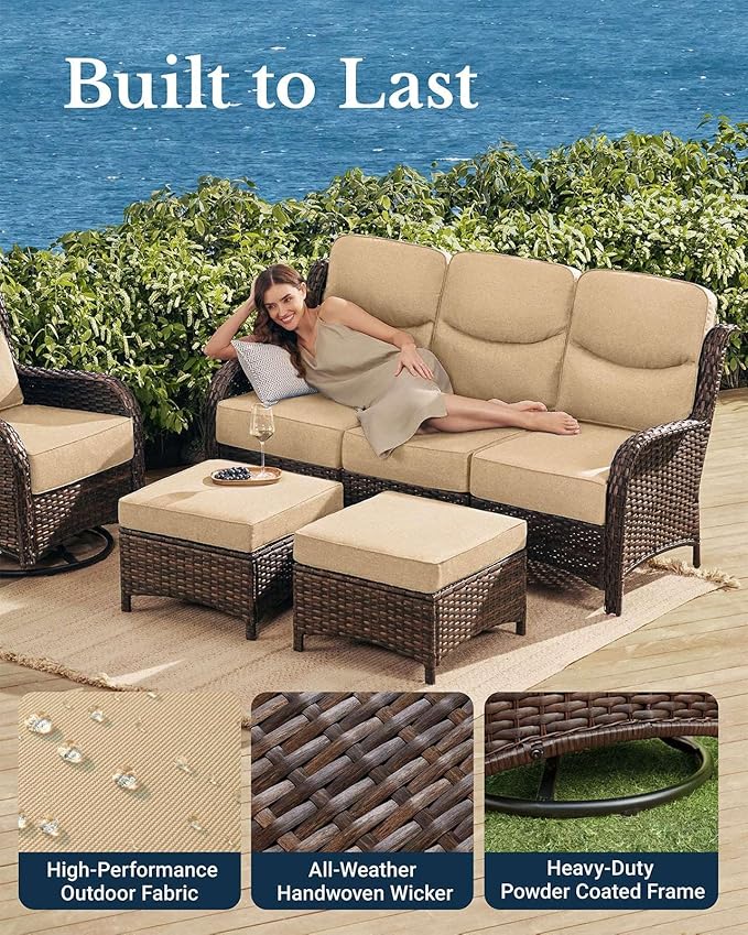 HILLGA Luxury Patio Furniture Set with 6-Inch Thick Cushions, High Back Outdoor Swivel Rocker Chairs and Patio Couch, 6-Piece All Weather Conversation Set for Porch Deck Pool Yard, Beige (V3)
