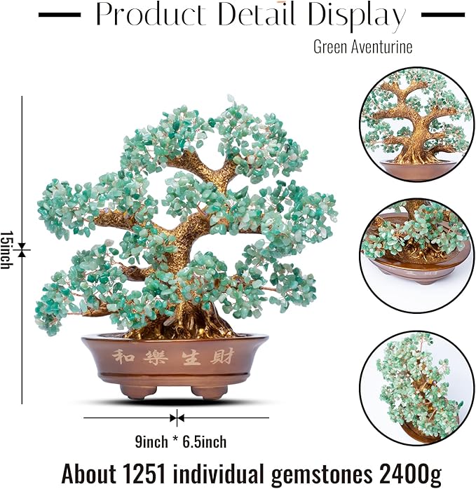 Natural Aventurine (1,251 Gemstone Count) Chakra Crystal Tree with Healing Properties - Home & Office Bonsai Feng Shui Money Tree Decoration for Luck, Success and Intelligence - 14"