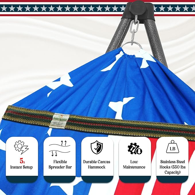 Tranquillo Uniki Adjustable Hammock with Stand for Indoor and Outdoor, Portable Camping Hammock Frame, 550 lbs Capacity, Collapsible and Durable, American Flag