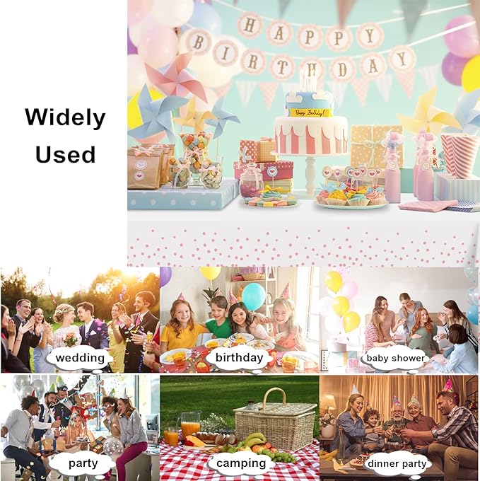 3 Pack White and Pink Dot Tablecloth, Pink Plastic Table Cloths for Parties Disposable, 54x108 in Waterproof Rectangular Camping Tablecloth for Birthday Party Baby Shower Picnic Valentines